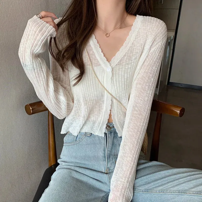 Sexy Women V Neck Button Long Sleeve Cropped Knitted Loose Sweater Tops
