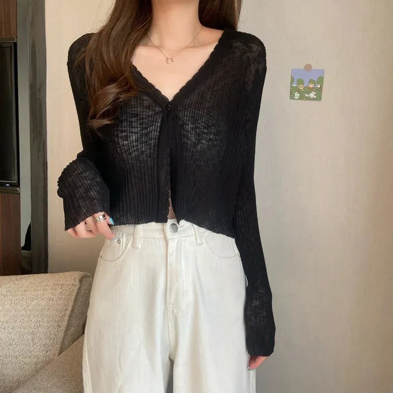 Sexy Women V Neck Button Long Sleeve Cropped Knitted Loose Sweater Tops