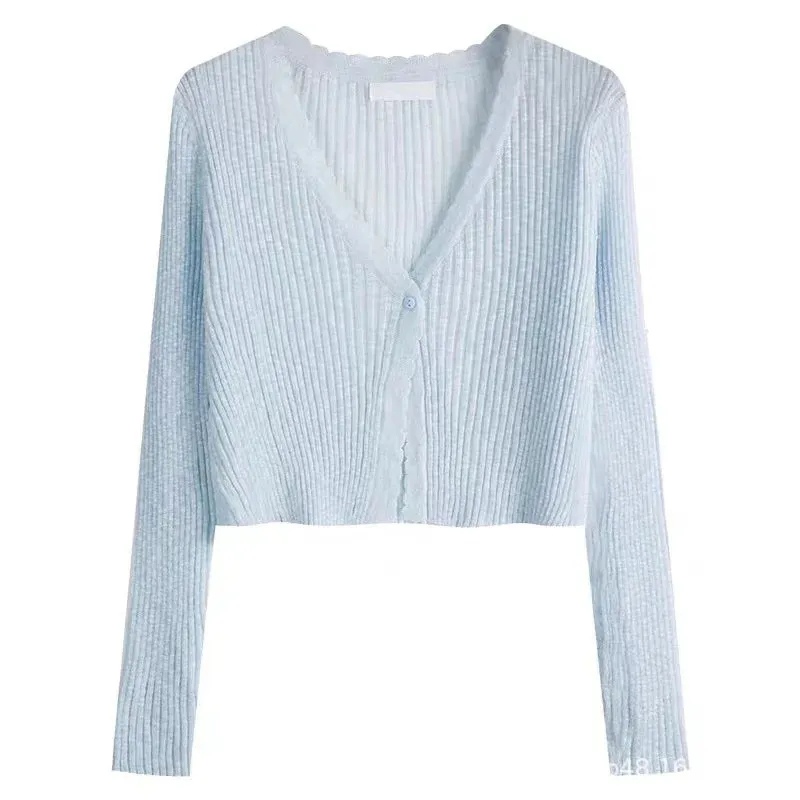 Sexy Women V Neck Button Long Sleeve Cropped Knitted Loose Sweater Tops