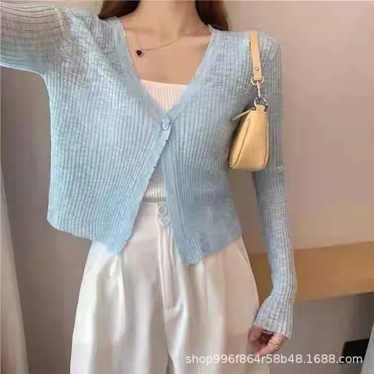 Sexy Women V Neck Button Long Sleeve Cropped Knitted Loose Sweater Tops