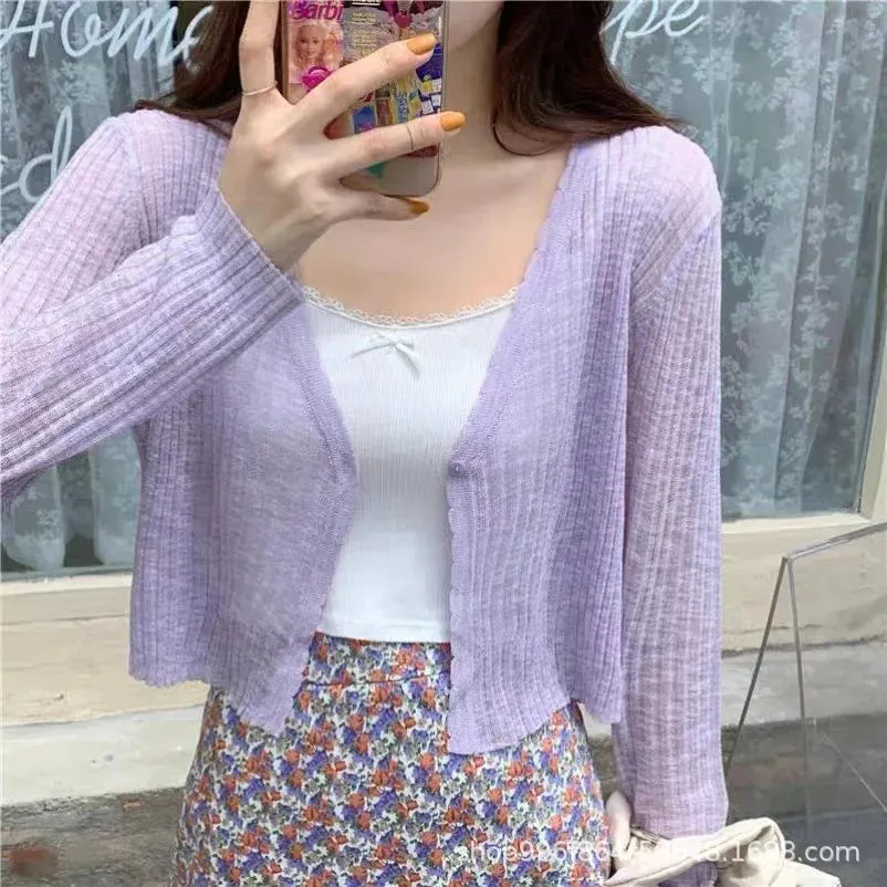 Sexy Women V Neck Button Long Sleeve Cropped Knitted Loose Sweater Tops