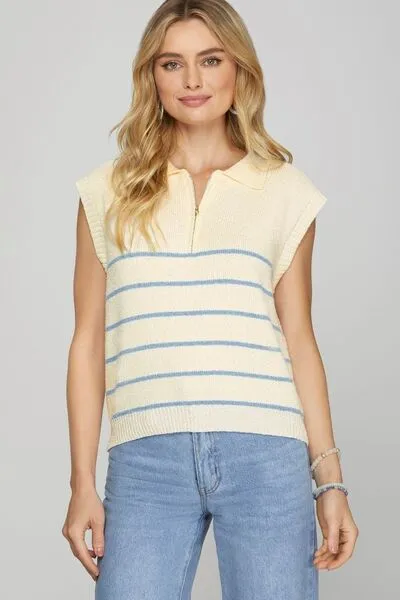 She   Sky Full Size Ribbed Hem Striped Half Zip Sweater Vest Plus Size
