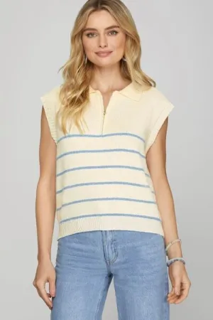 She   Sky Full Size Ribbed Hem Striped Half Zip Sweater Vest Plus Size