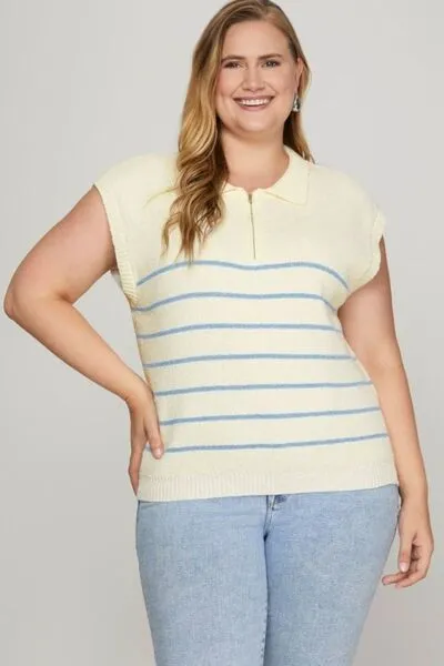 She   Sky Full Size Ribbed Hem Striped Half Zip Sweater Vest Plus Size