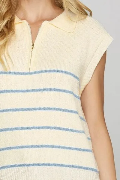 She   Sky Full Size Ribbed Hem Striped Half Zip Sweater Vest Plus Size