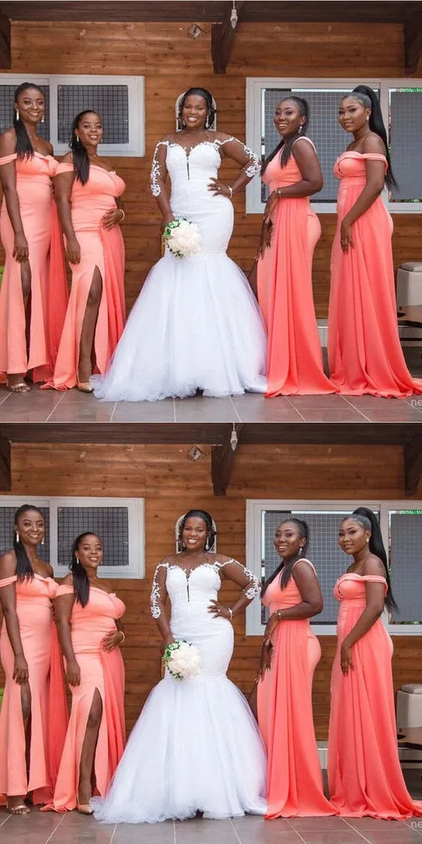 Simple Coral Mermaid Off Shoulder Side Slit Maxi Long Bridesmaid Dresses, BDS0137