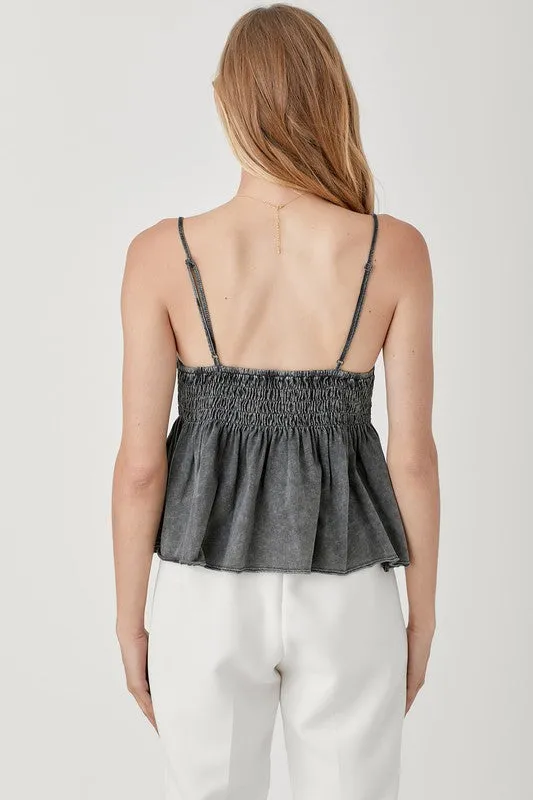 SMOCKED FLARE BOTTOM KNIT CAMI TOP, Mustard Seed