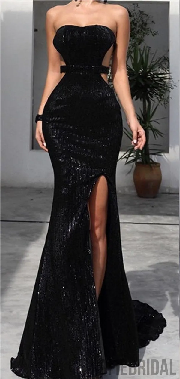 Strapless Long Mermaid Sexy Black Sequin Side Slit Prom Dresses, PD0876