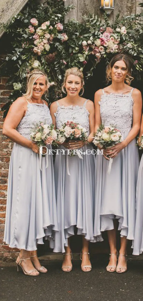Straps Grey Top Lace Applique Cheap A-line Ankle Length Bridesmaid Dresses, BDS0087