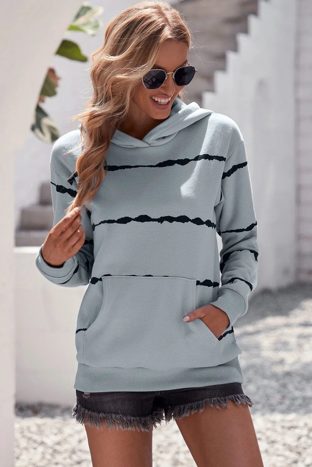 STRIPED DROP SHOULDER HOODIE WITH KANGAROO POCKET