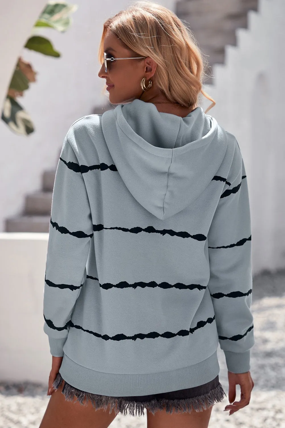 STRIPED DROP SHOULDER HOODIE WITH KANGAROO POCKET