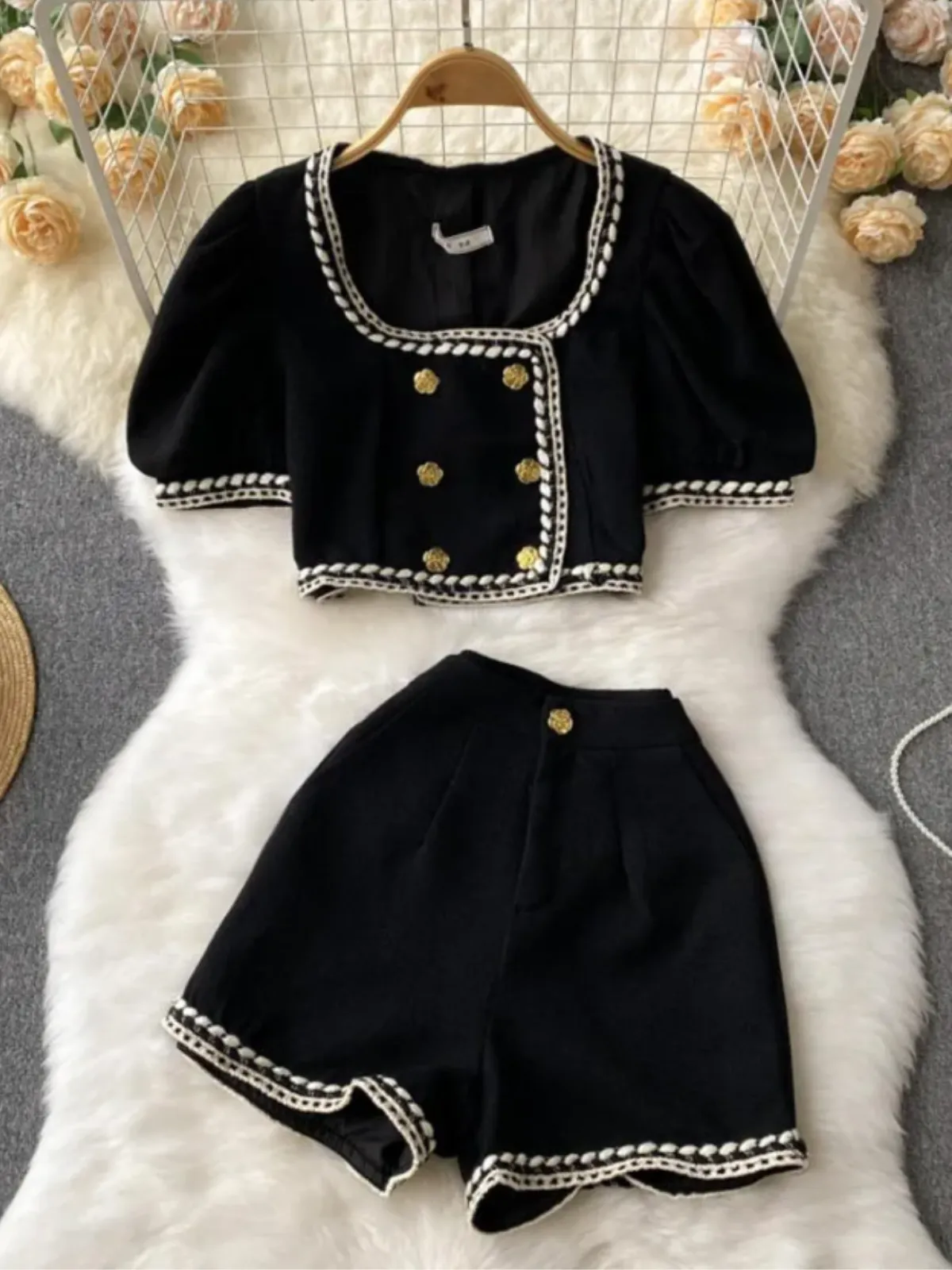 Too Chic Puff Sleeve Top and Black Short Set