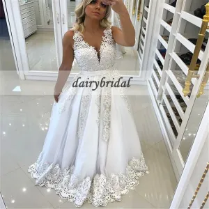 Tulle Wedding Dress, Lace Wedding Dress, V-Back Bridal Dress, Beaded Wedding Dress, Sleeveless Wedding Dress, Charming Wedding Dress, D121