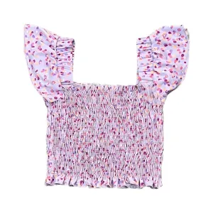 Tweenstyle by Stoopher Lavender Confetti Print Smocked Crop Top w/Flutter Sleeve