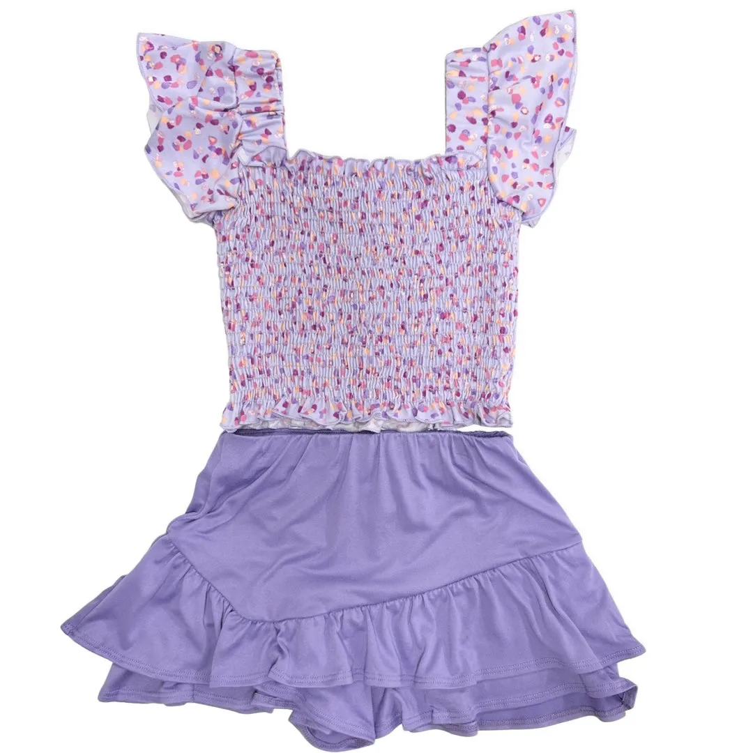 Tweenstyle by Stoopher Lavender Confetti Print Smocked Crop Top w/Flutter Sleeve