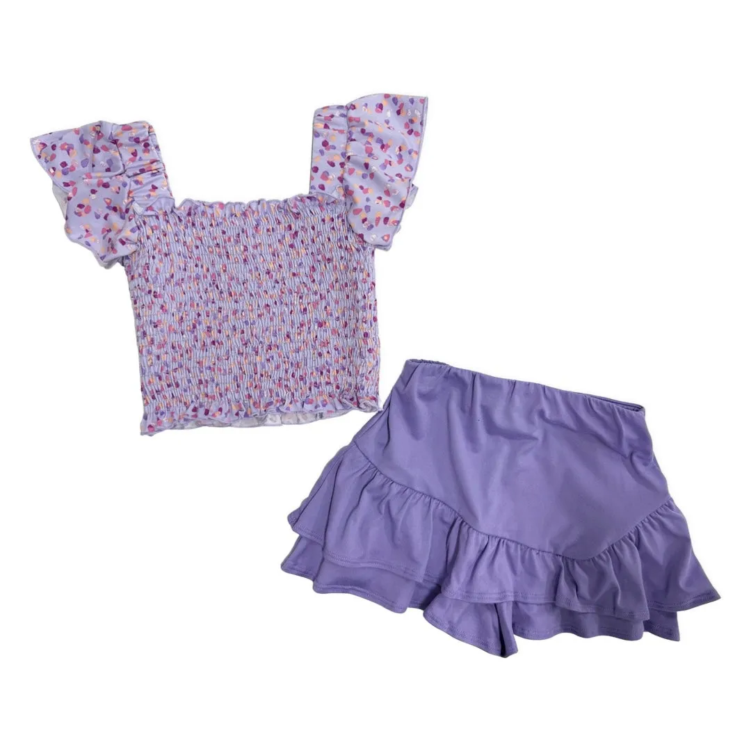Tweenstyle by Stoopher Lavender Confetti Print Smocked Crop Top w/Flutter Sleeve