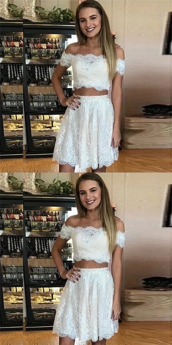 Two Piece Off-Shoulder Lace Short Cheap White Homecoming Dresses, QB0175