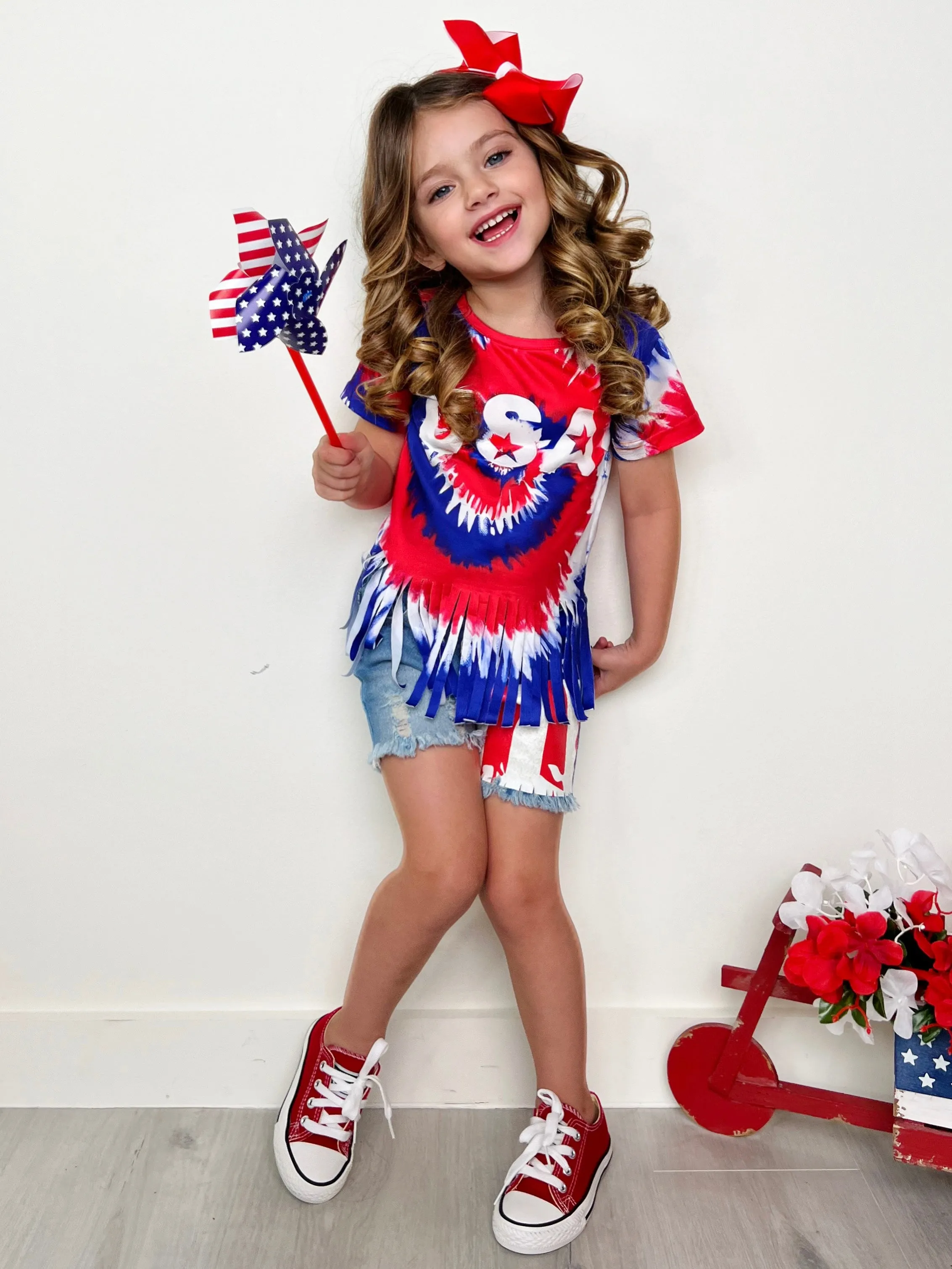 USA Fringe Top and Flag Denim Short Set