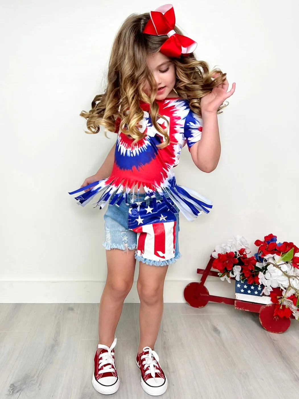 USA Fringe Top and Flag Denim Short Set