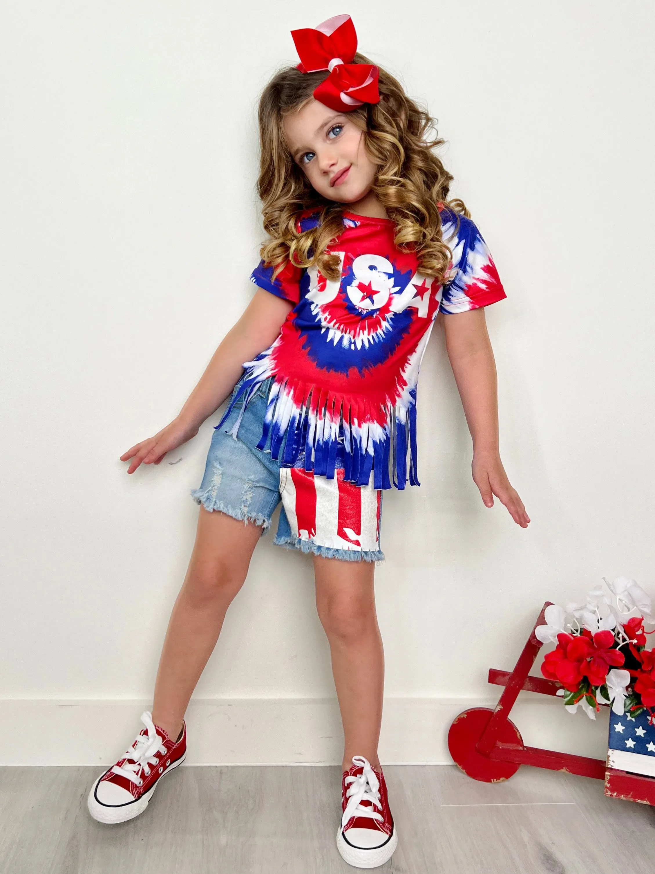 USA Fringe Top and Flag Denim Short Set