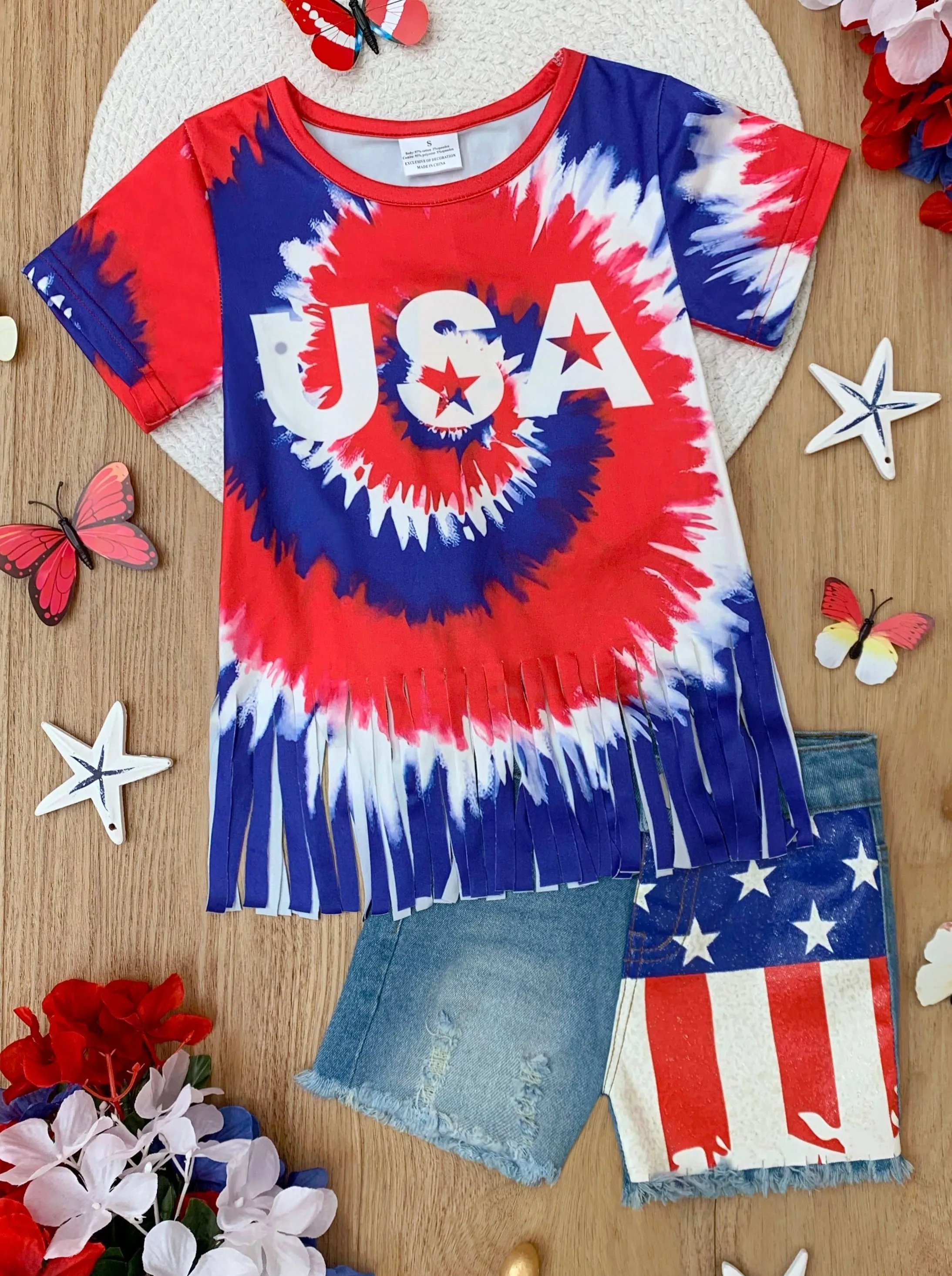 USA Fringe Top and Flag Denim Short Set