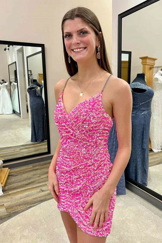 V Neck Pink/Green Backless Sequins Short Prom Dresses, V Neck Short Open Back Sequins Formal Homecoming Dresses