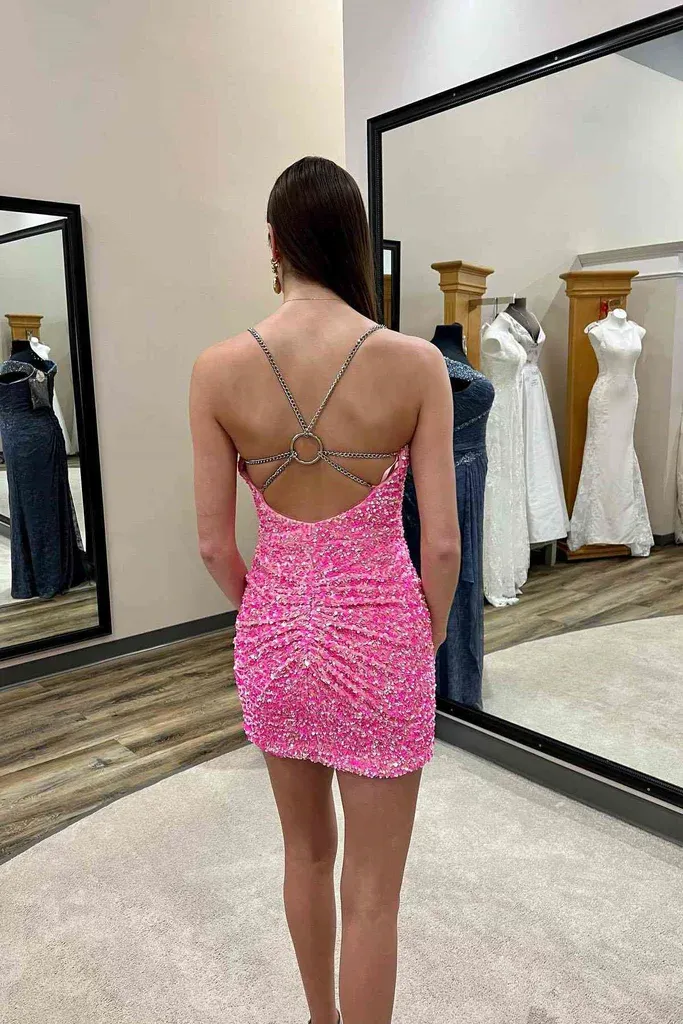 V Neck Pink/Green Backless Sequins Short Prom Dresses, V Neck Short Open Back Sequins Formal Homecoming Dresses