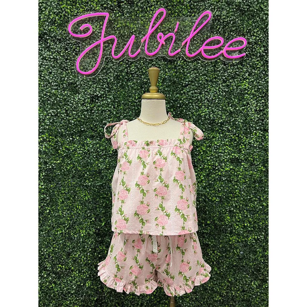 Vintage Pink Rose Tie Top PJ Set
