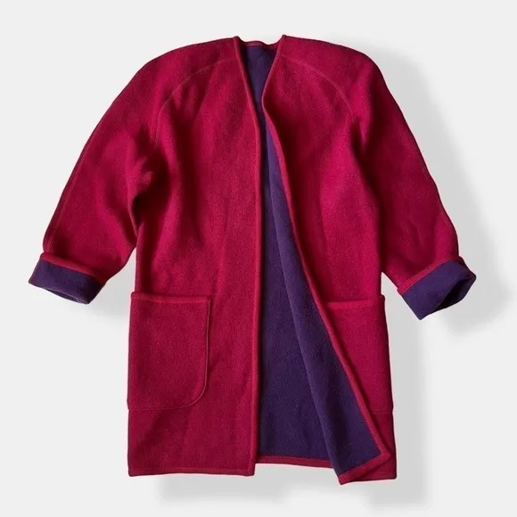 VTG 80s Coatigan Open Cardigan Reversible Knit Boxy Large Shoulder Red Purple 10
