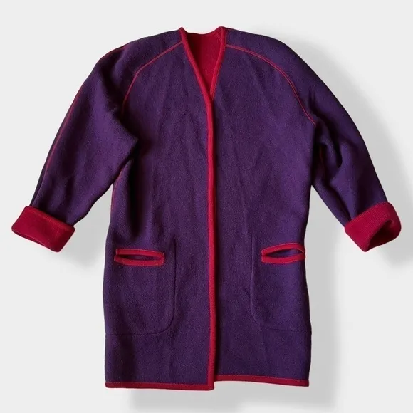 VTG 80s Coatigan Open Cardigan Reversible Knit Boxy Large Shoulder Red Purple 10