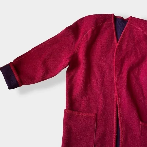 VTG 80s Coatigan Open Cardigan Reversible Knit Boxy Large Shoulder Red Purple 10