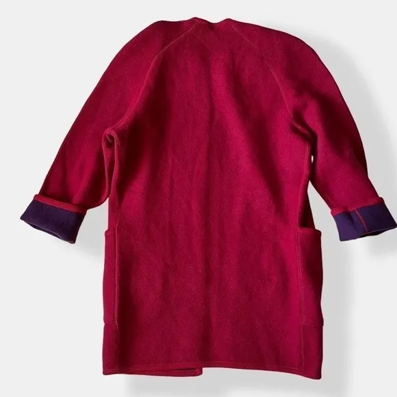 VTG 80s Coatigan Open Cardigan Reversible Knit Boxy Large Shoulder Red Purple 10