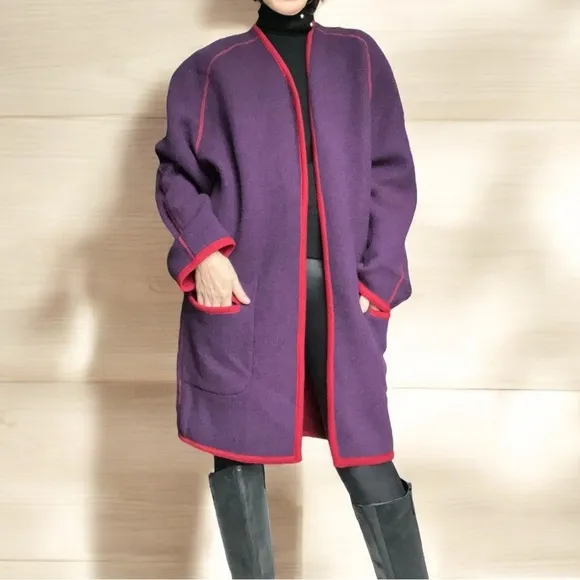 VTG 80s Coatigan Open Cardigan Reversible Knit Boxy Large Shoulder Red Purple 10