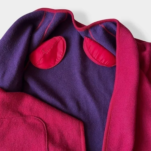 VTG 80s Coatigan Open Cardigan Reversible Knit Boxy Large Shoulder Red Purple 10