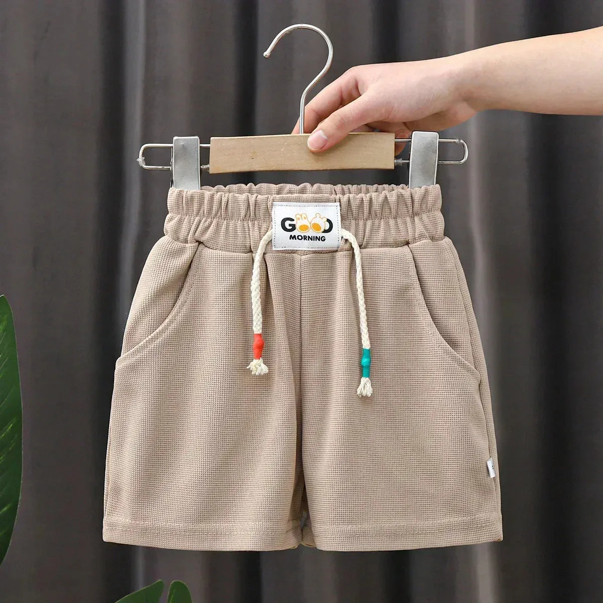 Waffle Knit Boys' Shorts with "Good Morning" Print