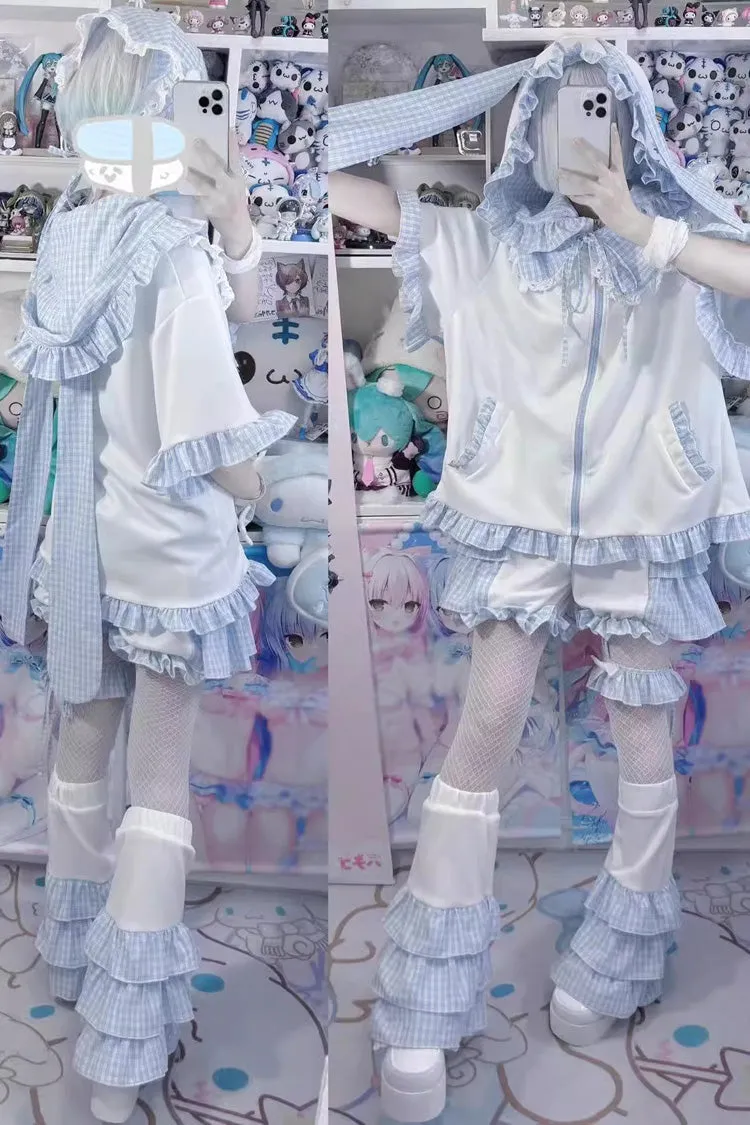 White/Blue Heart Signal Half Sleeves Plaid Print Hooded Sweet Jirai Kei Japanese Coat