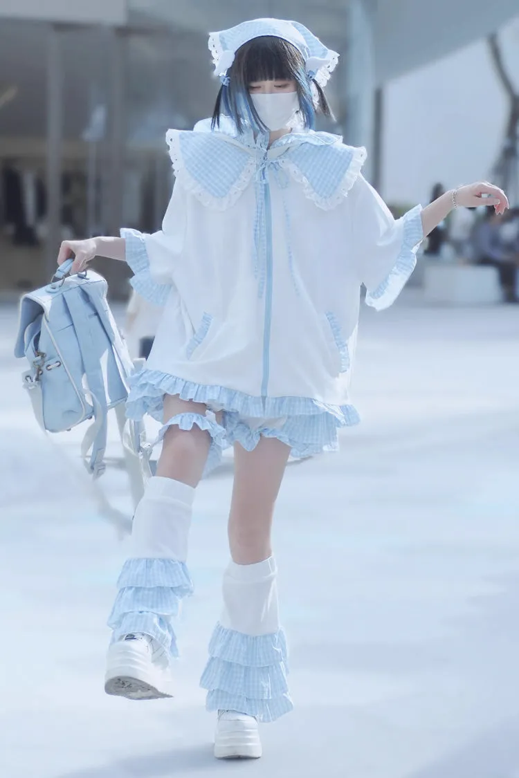 White/Blue Heart Signal Half Sleeves Plaid Print Hooded Sweet Jirai Kei Japanese Coat