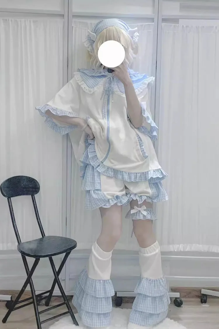 White/Blue Heart Signal Half Sleeves Plaid Print Hooded Sweet Jirai Kei Japanese Coat