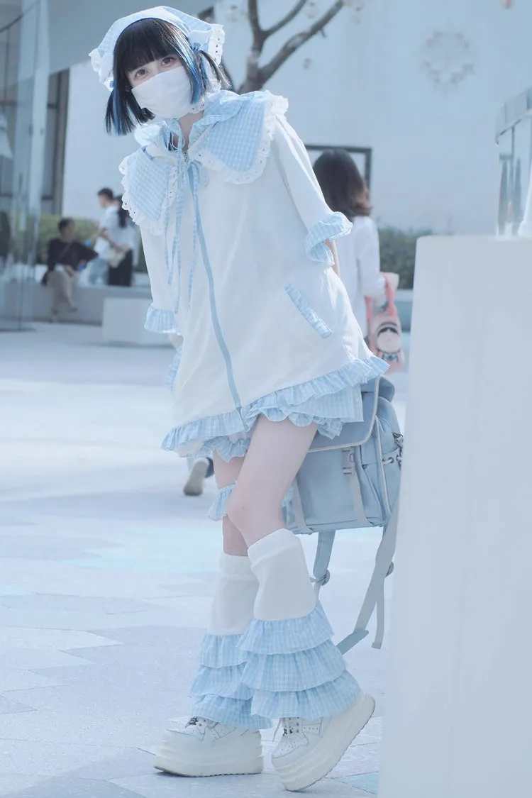 White/Blue Heart Signal Half Sleeves Plaid Print Hooded Sweet Jirai Kei Japanese Coat