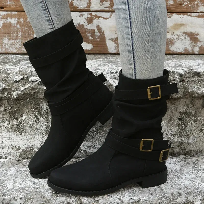 Women Boots European and American Fashion Buckle Pleated Short Boots Autumn and Winter New Flat Boots Women Shoes