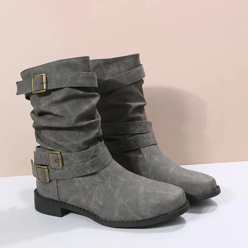 Women Boots European and American Fashion Buckle Pleated Short Boots Autumn and Winter New Flat Boots Women Shoes