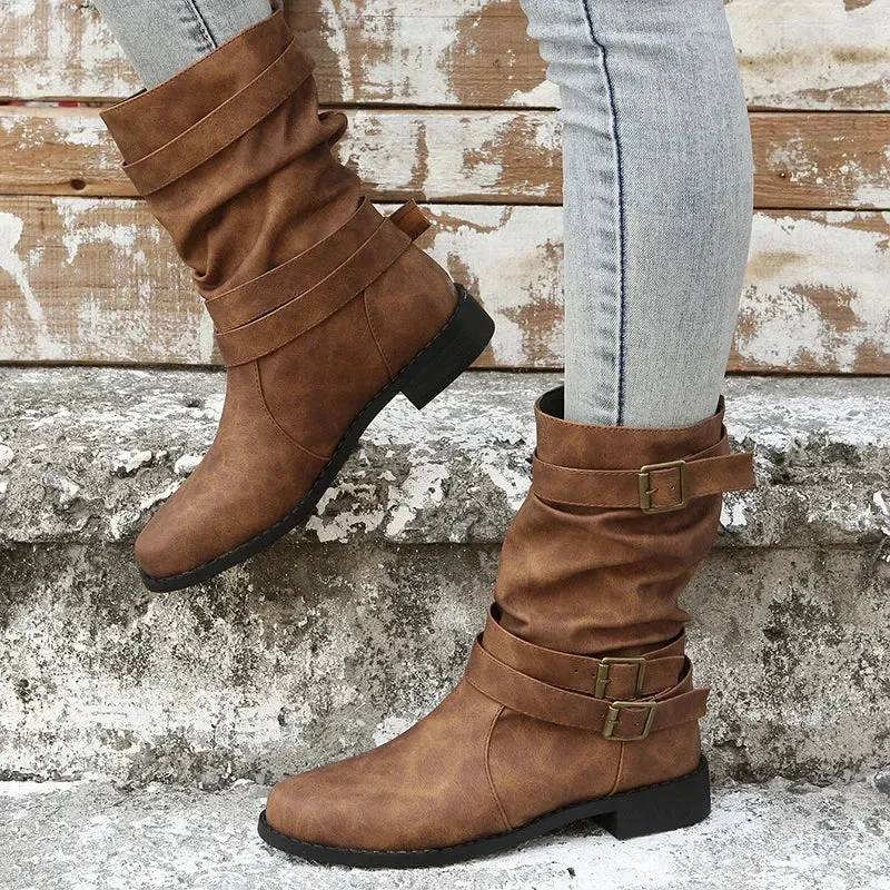 Women Boots European and American Fashion Buckle Pleated Short Boots Autumn and Winter New Flat Boots Women Shoes