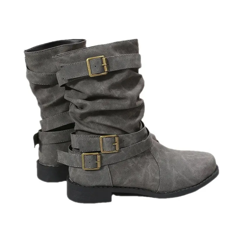 Women Boots European and American Fashion Buckle Pleated Short Boots Autumn and Winter New Flat Boots Women Shoes