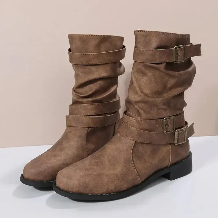 Women Boots European and American Fashion Buckle Pleated Short Boots Autumn and Winter New Flat Boots Women Shoes
