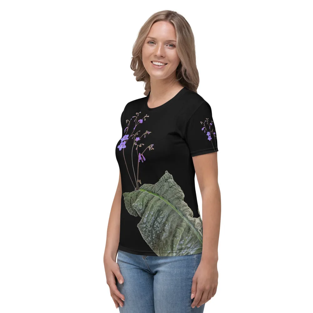 Women's  All over print T-shirt with Streptocarpus porphyrostachys (runs small, order a size up)