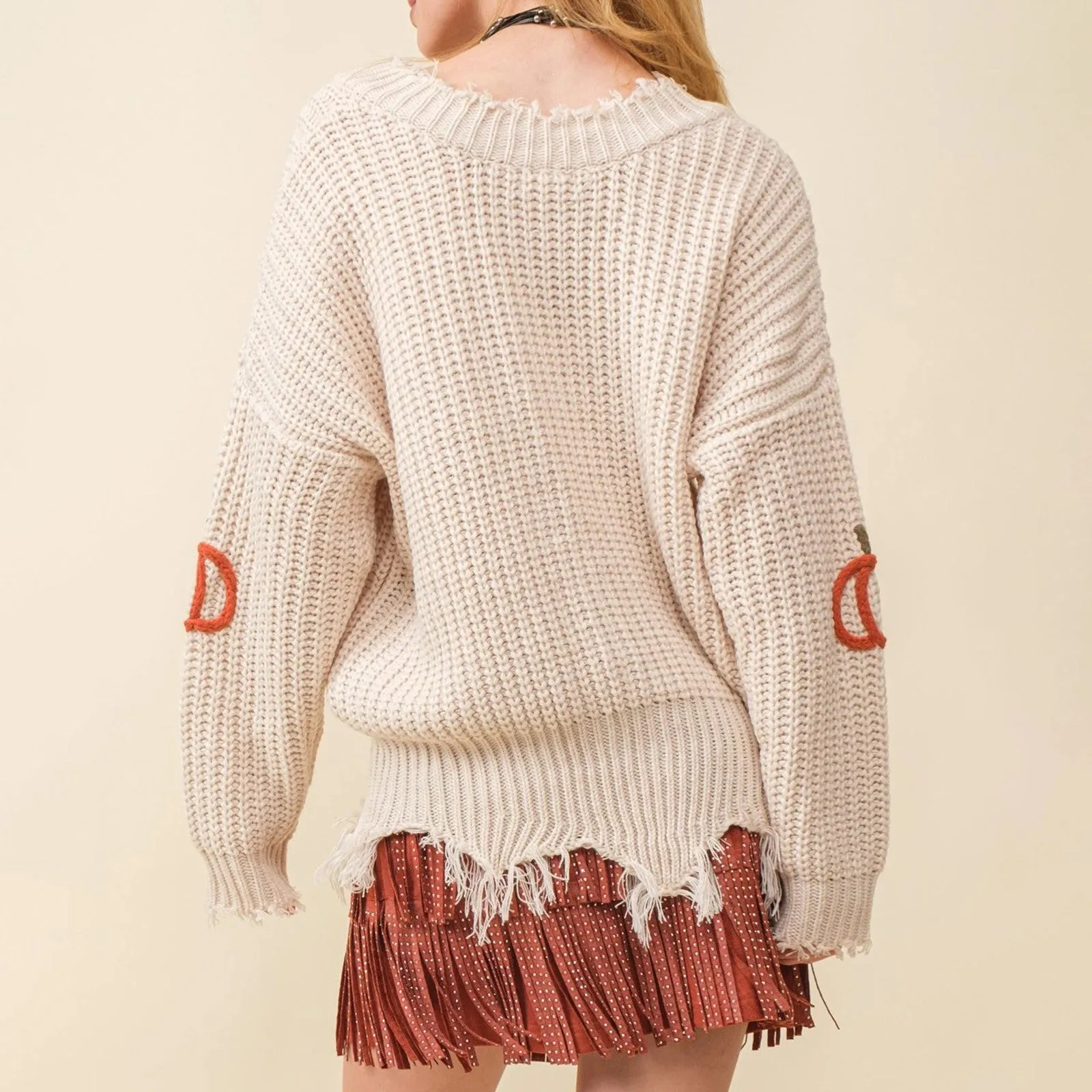 Women’s Halloween Knitted Sweater – V-Neck Pumpkin Design Long Sleeve Pullover for Autumn/Winter Streetwear