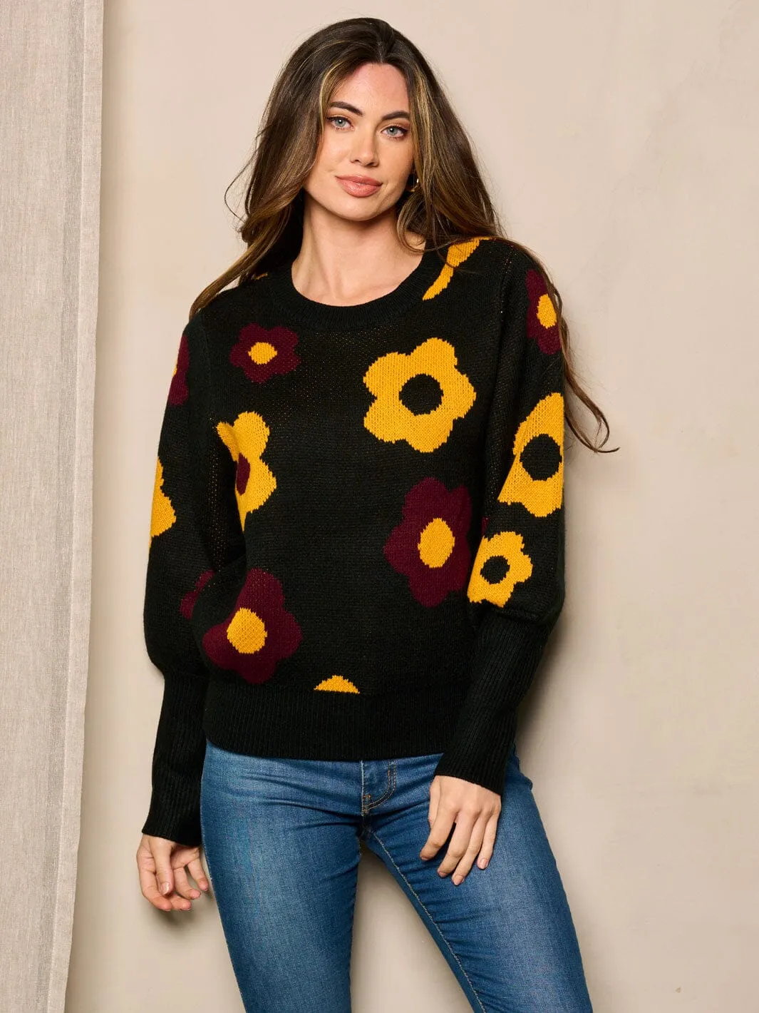 WOMEN'S LONG SLEEVE FLORAL PULLOVER SWEATER