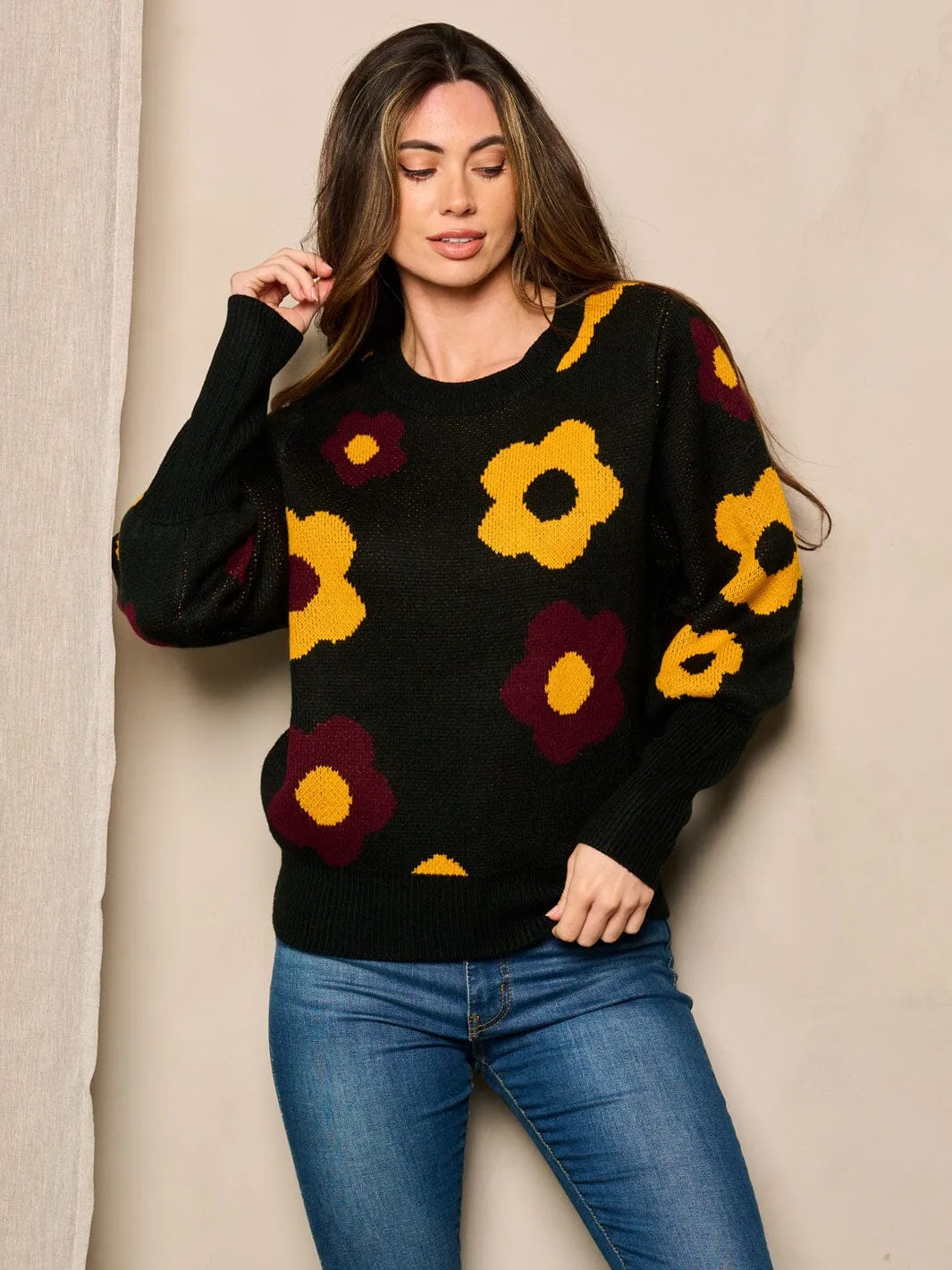 WOMEN'S LONG SLEEVE FLORAL PULLOVER SWEATER
