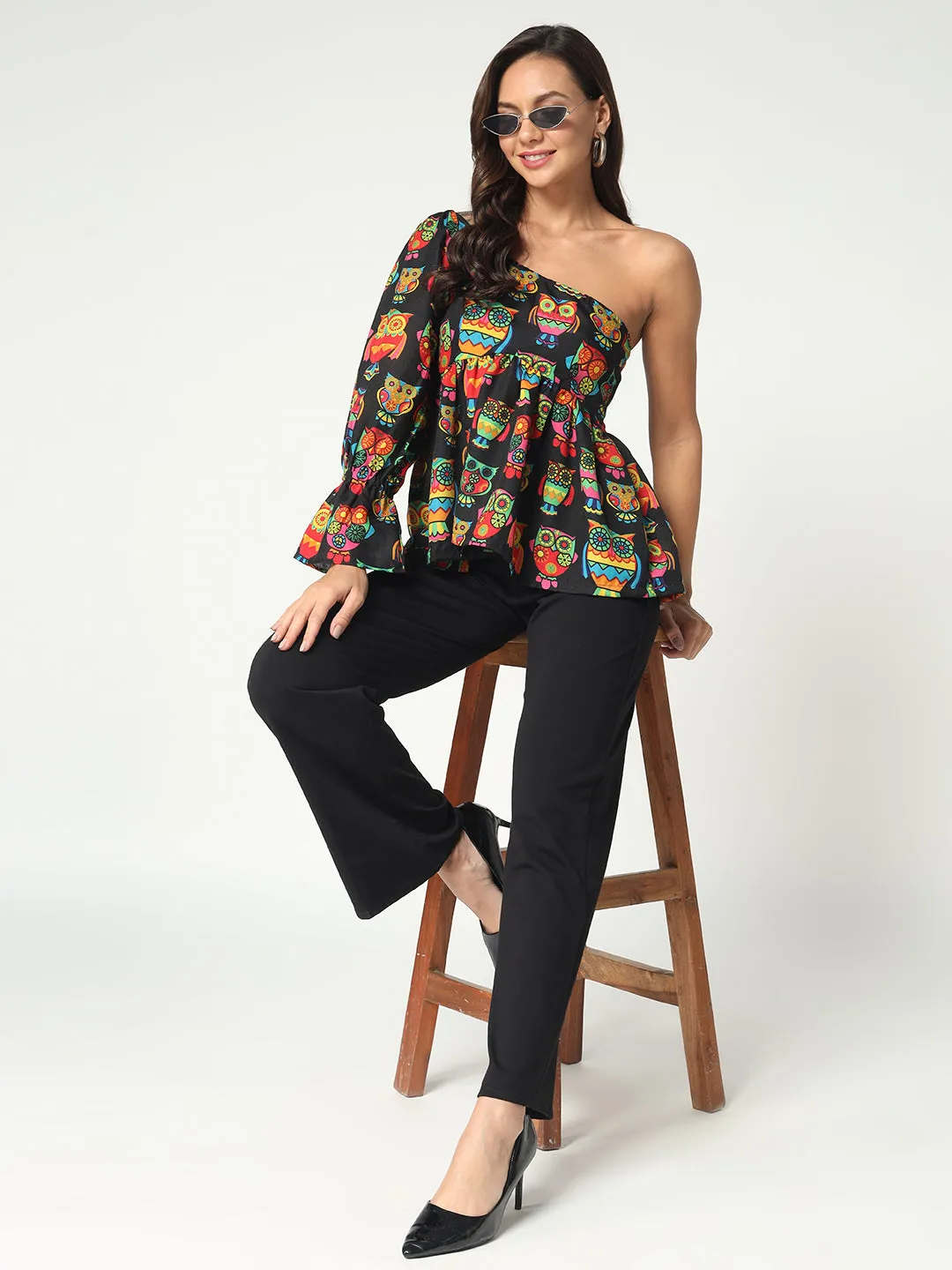 Women's One-shoulder Quirky Owl Print Top