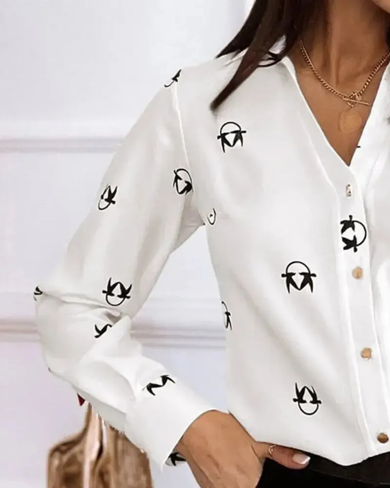 Xieyinshe - Graphic Print Long Sleeve Button Down Shirt